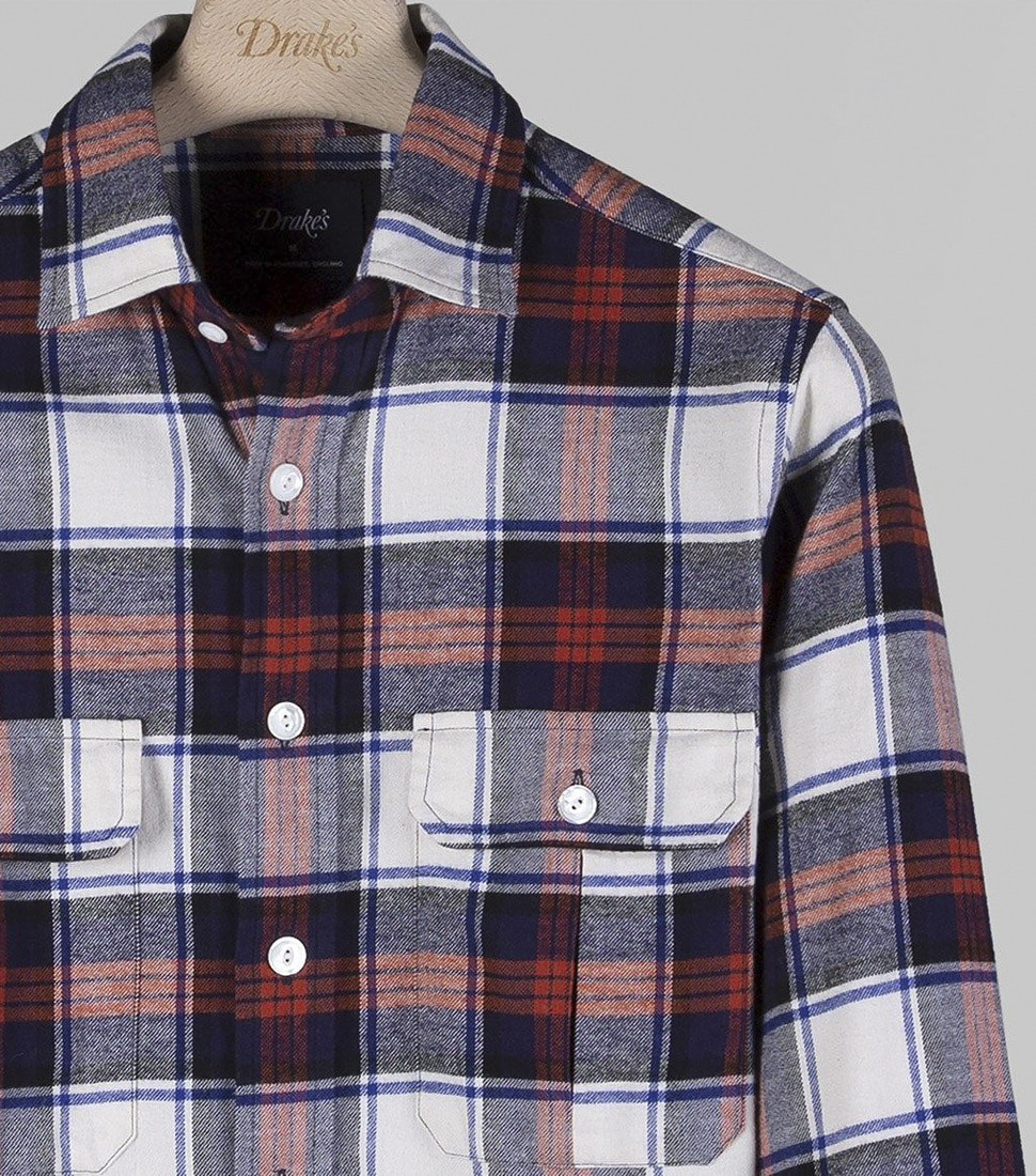 [DRAKE&#039;S]ECRU AND RED CHECK COTTON TWILL TWO-POCKET WORK SHIRT&#039;ECRU/RED&#039;