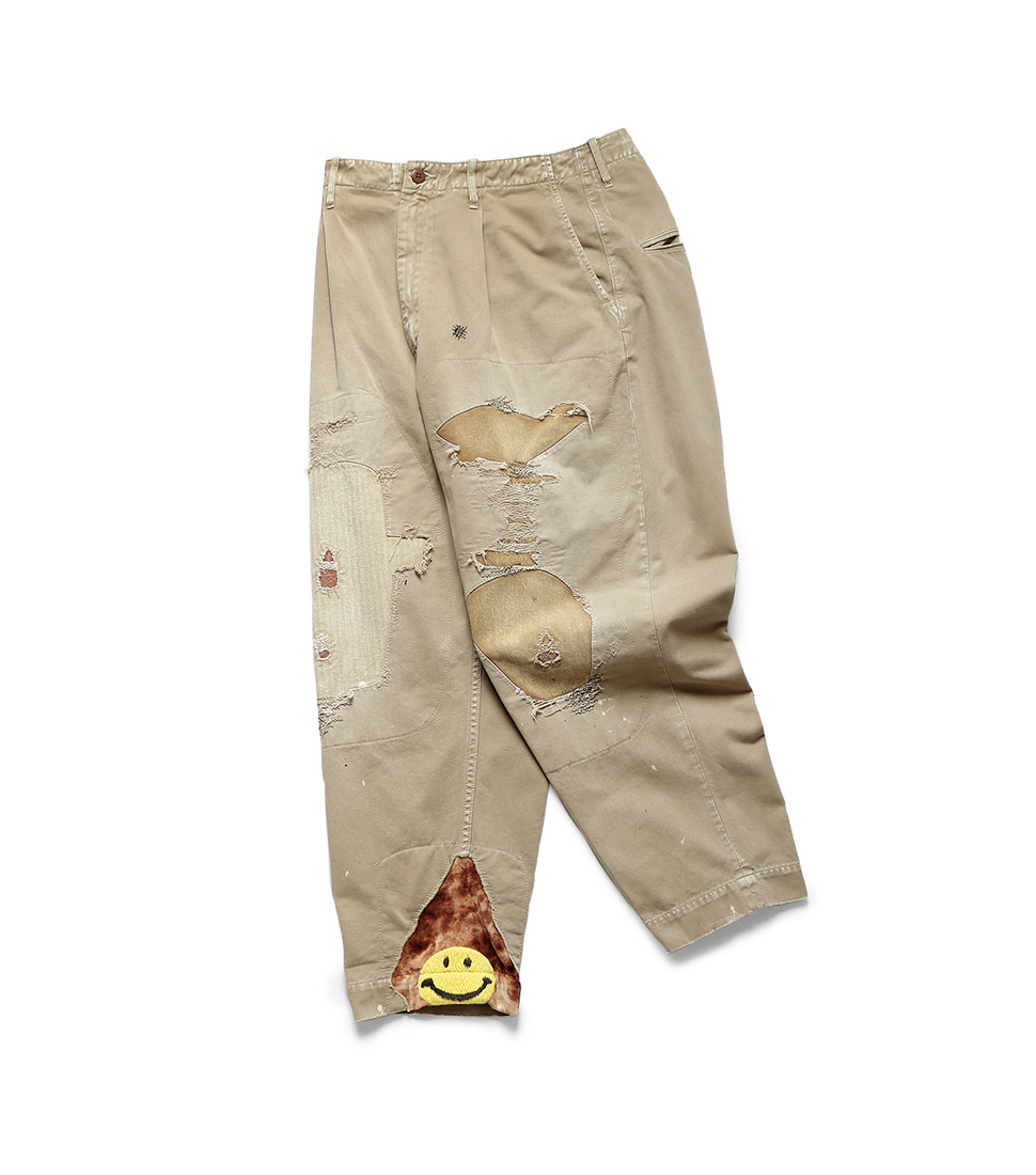 [KAPITAL] KATSURAGI HIGH WAISTED NIME PANTS (LUMBEPJACK DAMAGED)&#039;BEIGE&#039;