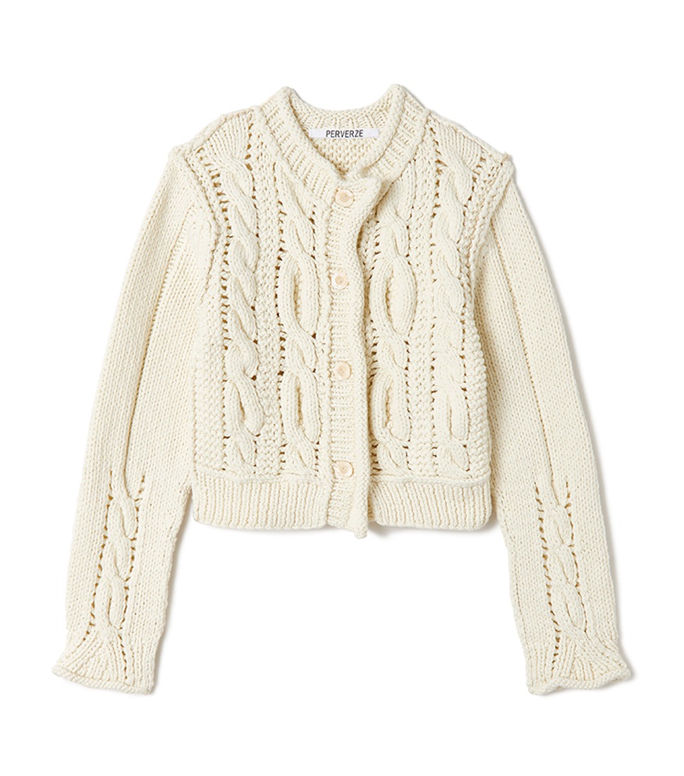 [PERVERZE]HAND CABLE WASHED KNIT CARDIGAN&#039;WHITE&#039;