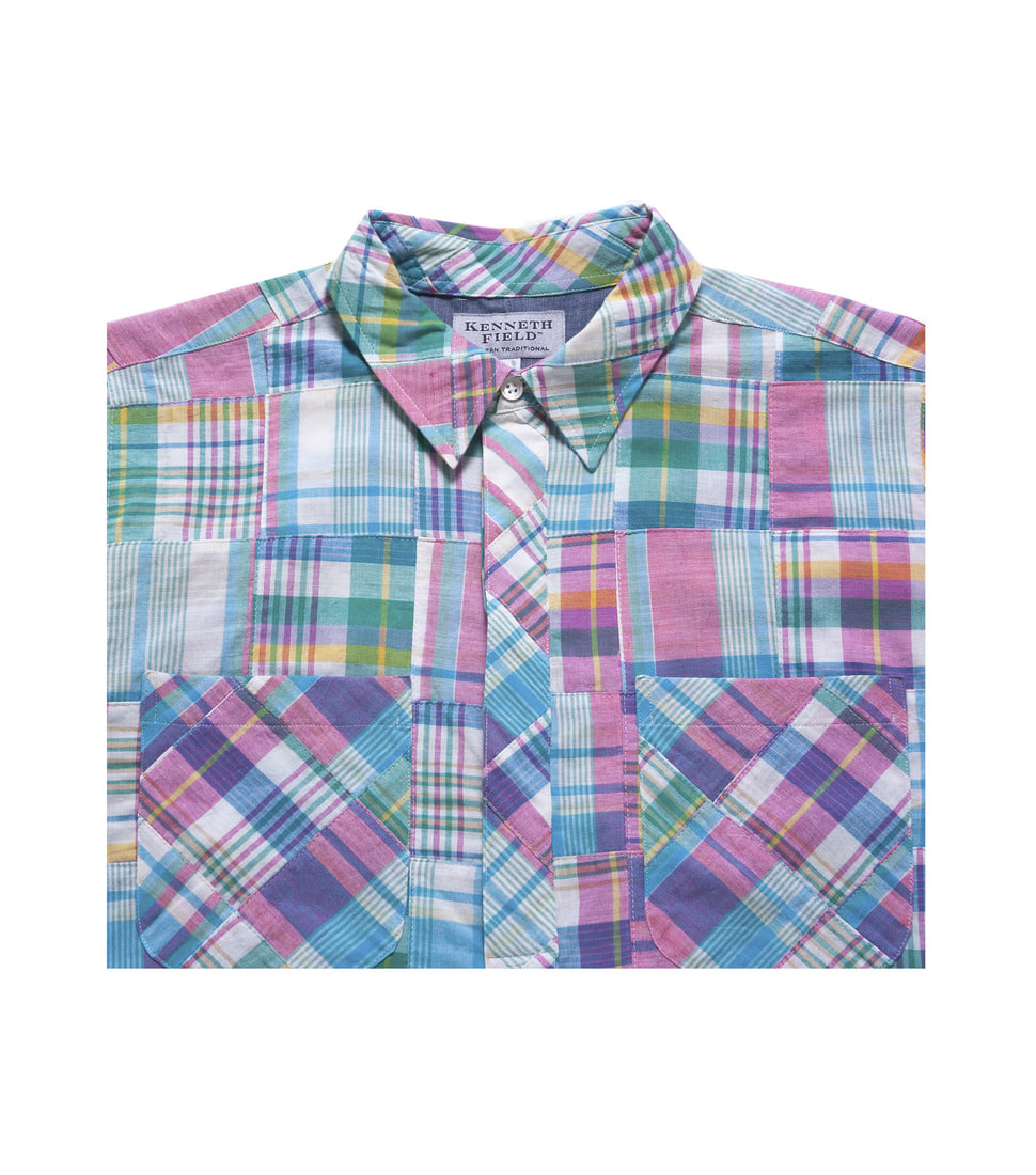 [KENNETH FIELD] S/S ROOMY SHIRTS PATCH MADRAS &#039;PINK/SKY&#039;